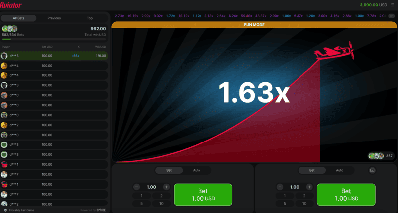 Pin Up Aviator oyun ekranı və artan əmsal qrafiki